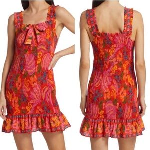Farm Rio M Red Spring Bananas Smocked Mini Vibrant Floral Dress with Ruffle Hem